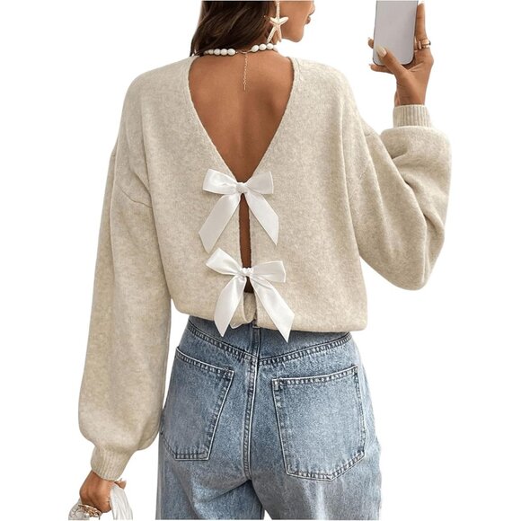 Sweaters - Women's Knitted Sweater Long Sleeve Open Back Bow Decor Cardigan Top
